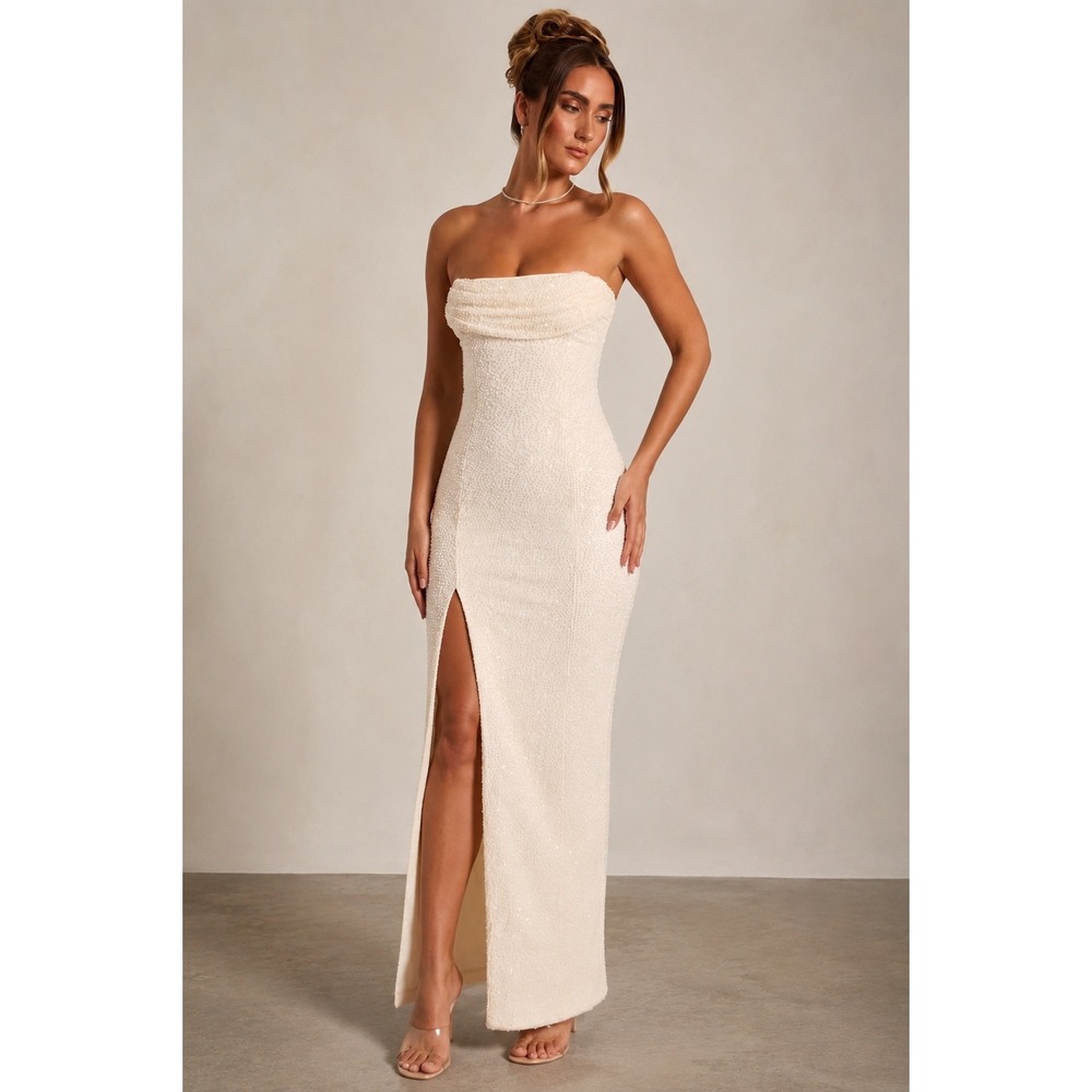 Oh Polly Beaded Sequin Strapless Maxi Dress Ivory Cowl Neck Slit US 0 UK 4